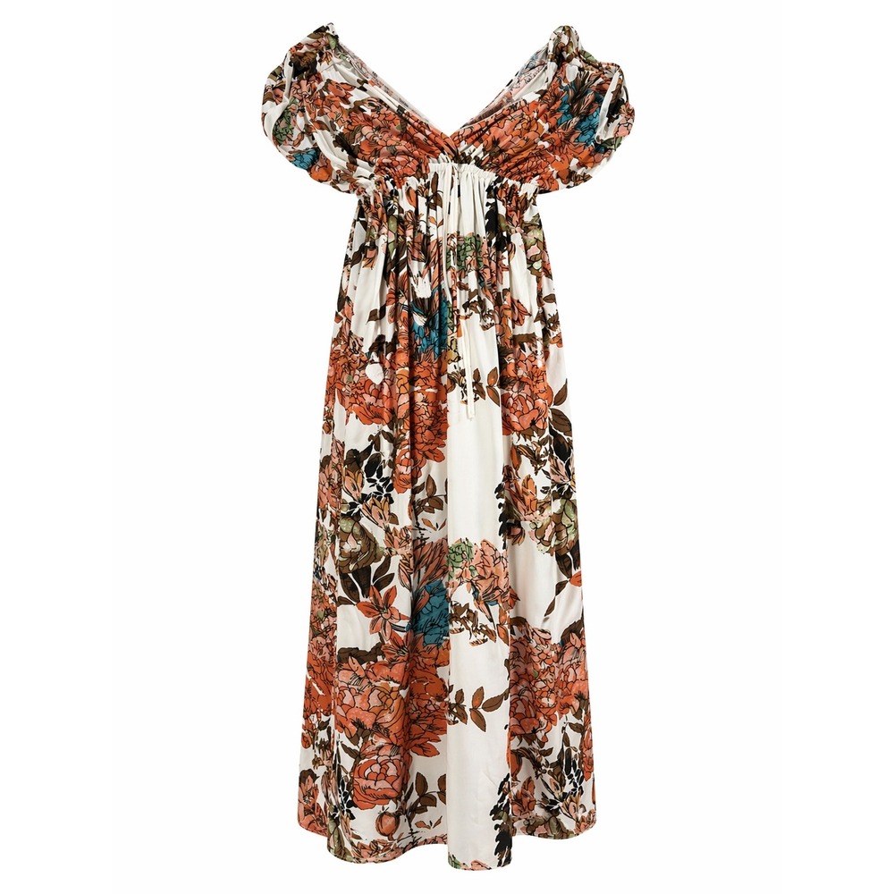 KOH KOH Maxi Dress Womens 2X Floral Boho Off Shoulder Puff Sleeve Flowy